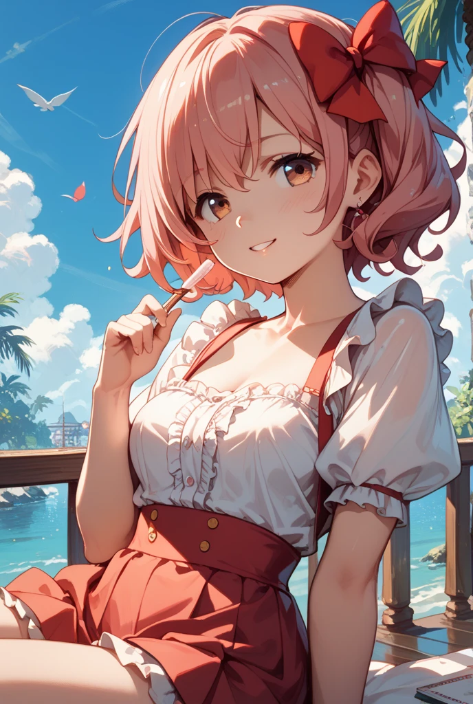 1 girl in, Yuigahama Yui, , short detailed hair, with pink hair, (The large), 
(Best quality at best, A high resolution, 4K, Detailed lighting, 

ssmile, Be red in the face, with her mouth open, 
(Clear white camisole vest),perspiring, 
No shoulder strap, Don't wear it, 
mid day, 夏天,
Enter the cloud,