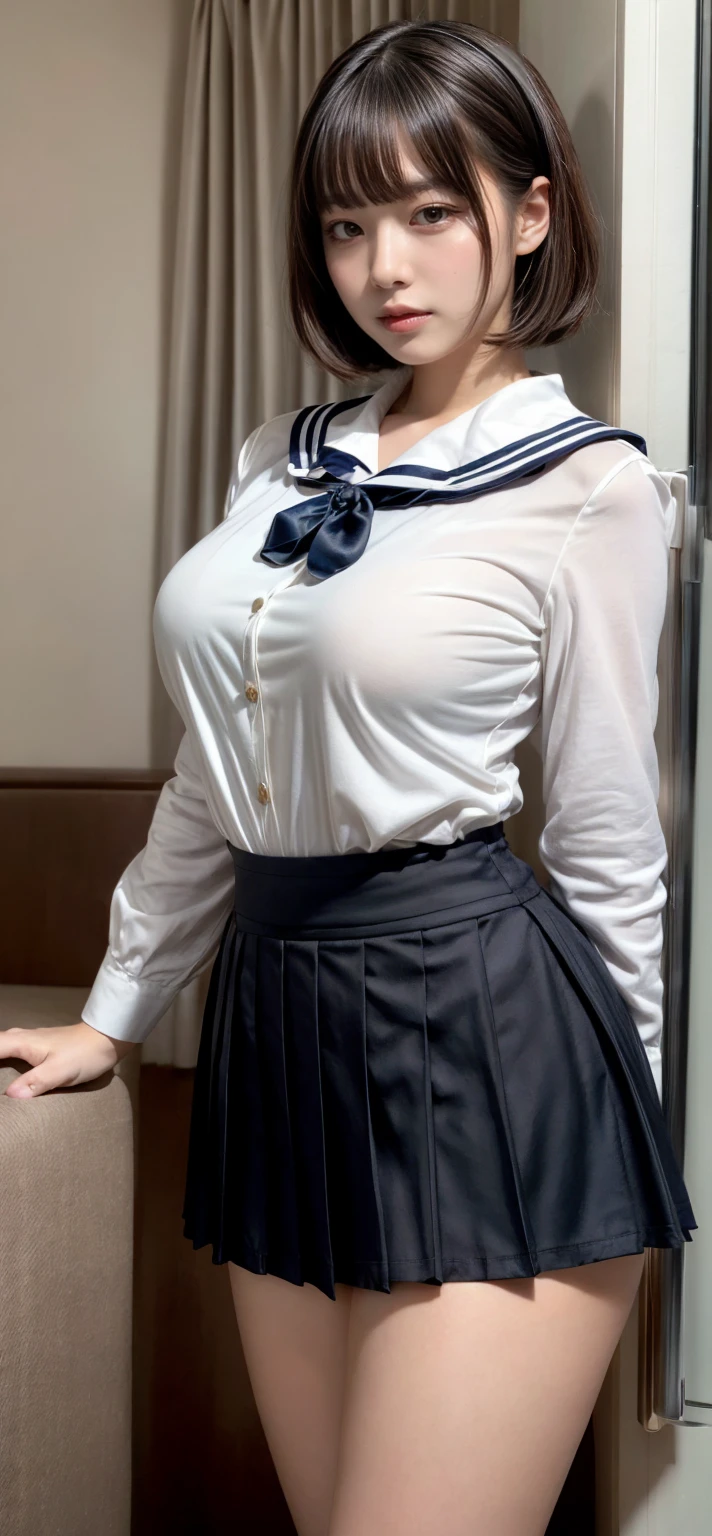 Nipples visible from white shirt, wet shirt, no panties, full body figure, black hair long straight, high school student, uniform, sexy, bra, Japan person, 17 years old,