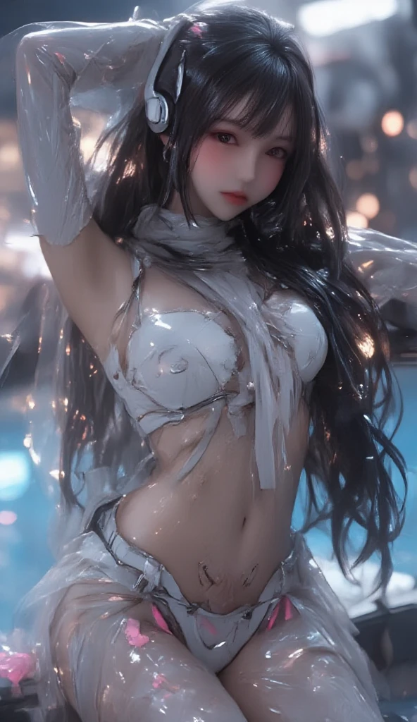 (Hyper Real), (A high resolution), (8K), (The is very detailed), (Most Best Illustration), (美丽细致的眼睛), (Best quality at best), (tmasterpiece), (详细的脸), Alone, (dynamicposes), climaxing, white curly hair on bed, japanes, iris colored eyes, (((Very skinny, Clear liquid flow)), mediuml breasts, legs long,Thighs open ,(Transparent miniskirt is like water),A woman is