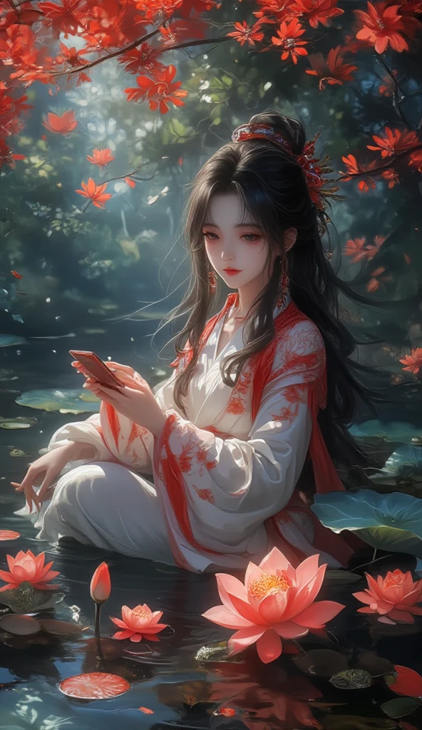 there is a woman sitting on a bench with a flower in her hand, palace , a girl in hanfu, artwork in the style of guweiz, guweiz, white hanfu, guweiz on pixiv artstation, beautiful character painting, fantasy art style, guweiz masterpiece, trending on cgstation, by Yang J, beautiful anime, perfect eyes and face, beauty proportional eyes