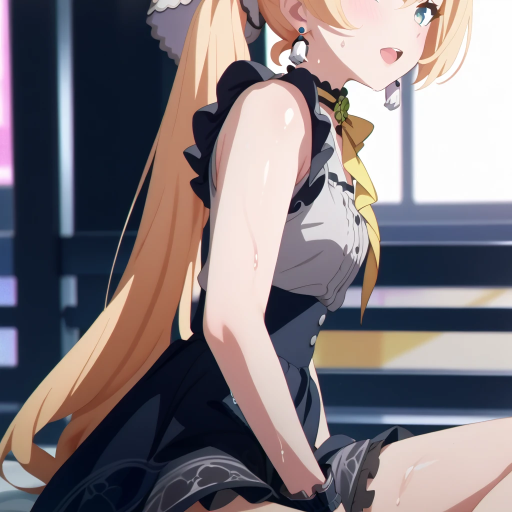 Mukuro Hoshimiya、blush,smile、Blonde、Long Hair、Spirit Power、Dressed in spirit clothes、Primary school students、The back is very small、Lolita、Small breasts、Please show me your armpits、exterior: 14 years old、Shoulder Bare、The clavicle is visible、Sexy thighs、Beautiful feet、Usual hairstyle、highest quality, High resolution, unity 8k wallpaper, (shape:0.8), (Beautiful and beautiful eyes:1.6), Highly detailed face, Perfect lighting, Extremely detailed CG, (Perfect hands, Perfect Anatomy),