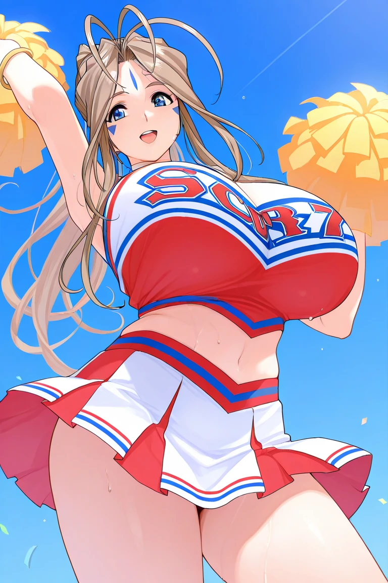 (best quality:1.5, highres, UHD, 4K, detailed lighting, shaders), blonde ponytail, large breasts, thighs, crotch, cheerleader outfit, crop top, skirt, sexy, erotic, lewd, seductive, perverted, hentai, flirting, smiling, blushing:1.4, skirt lift, panties, shirt lift, underboobs, jumping, from below view, sweaty:1.3, hands up, armpits, close shot, field background