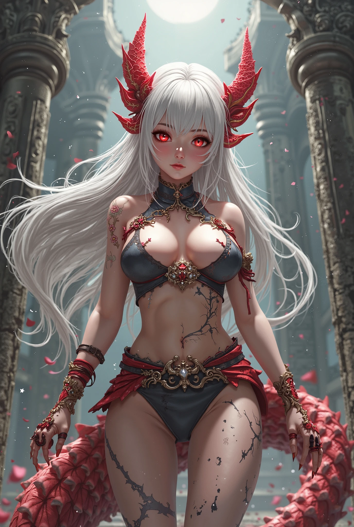8K, realistic, Ultra High Definition, Super detailed, young girl of 18 years, Shiny detailed hair, dragon ears, detailed face, dragon features, fantasy landscape, solo, looking at viewer, {{best quality}}, {{masterpiece}}, {{ultra-detailed}}, {detailed light}, ultra high quality eyes, detailed eyes, perfect eyes, large eyes, red eyes, sexy tattoo, white hair, long hair, metallic dragon horns, beautiful earrings, beautiful, skinny body, white skin, slutty, erotic, blushing, open mouth, standing in suggestive pose, ((nsfw))