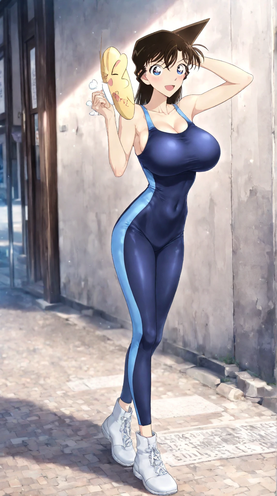 1 girl,Blue leotard,Super High Leg Cut,blue eyes,serious face,brown hair,bob hair,New York City,big breasts,blush,Sweat,barefoot,bare hands,thin,walk,embarrassing,Alley,Graffiti on the wall,Litter scattered,dark,Garbage can,cardboard,cowboy shot,dark,Are standing,put your hands on your hips