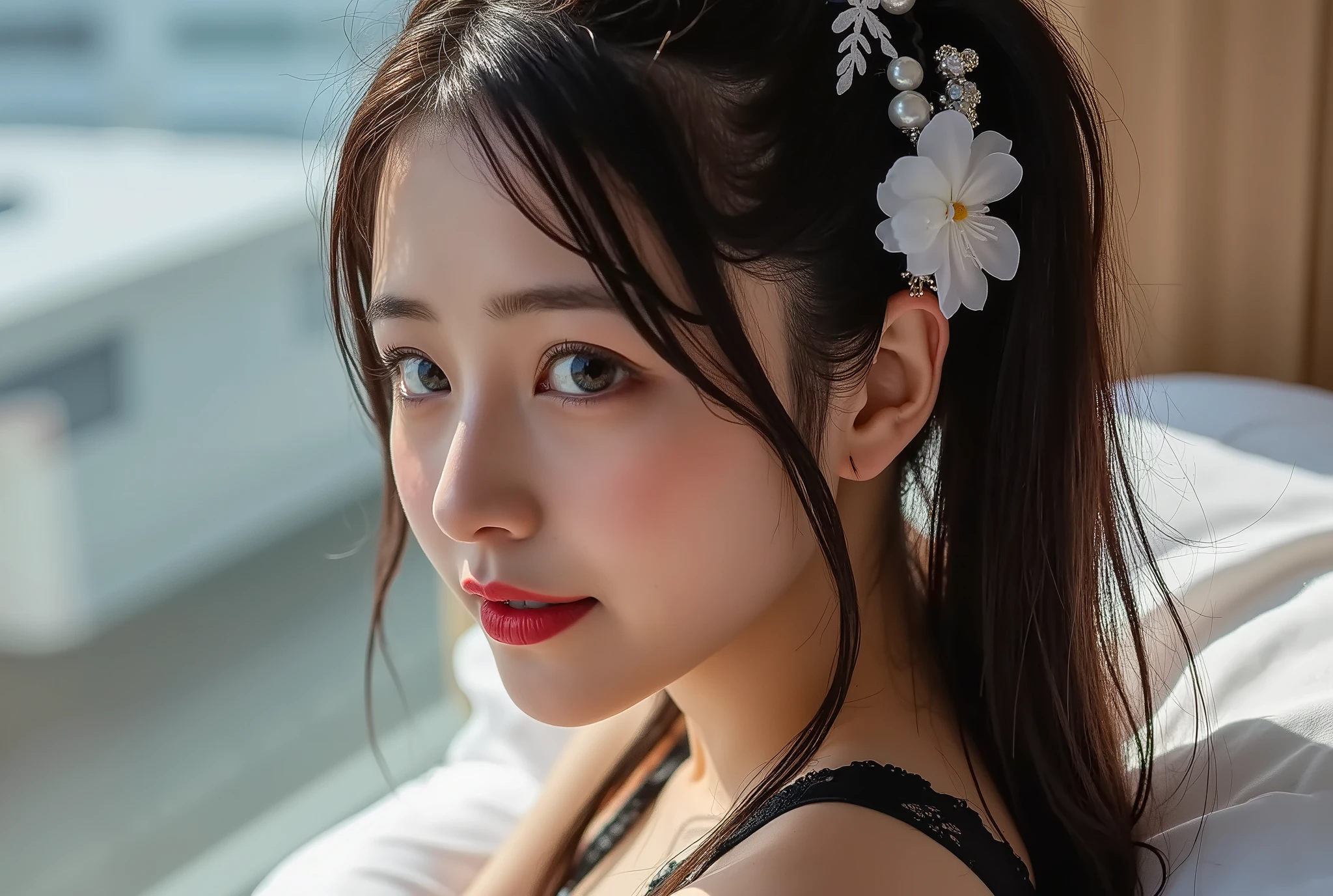 Ultra Realistic Garter Stockings, (((Masterpiece))), (((Top Quality: 1.4))), (((Super Detail: 1. 4))), Movie Lights, Stunning Beautiful Girl, High Class Beautiful Girl, Kawaii Beautiful MILF, ((All Lace Black Lingerie, Ultra Luxury Lace Lingerie, Lace Fabric)), Shining Legs, Bright Lighting, Clear lighting, elegant lingerie, ponytail, classy makeup, ( ultra realistic garter stockings: 1. 8), sassy pose, full body shot, provocative smile, beautiful night view, high rise hotel room, lying on bed, beautiful legs pose, sexual excitement.