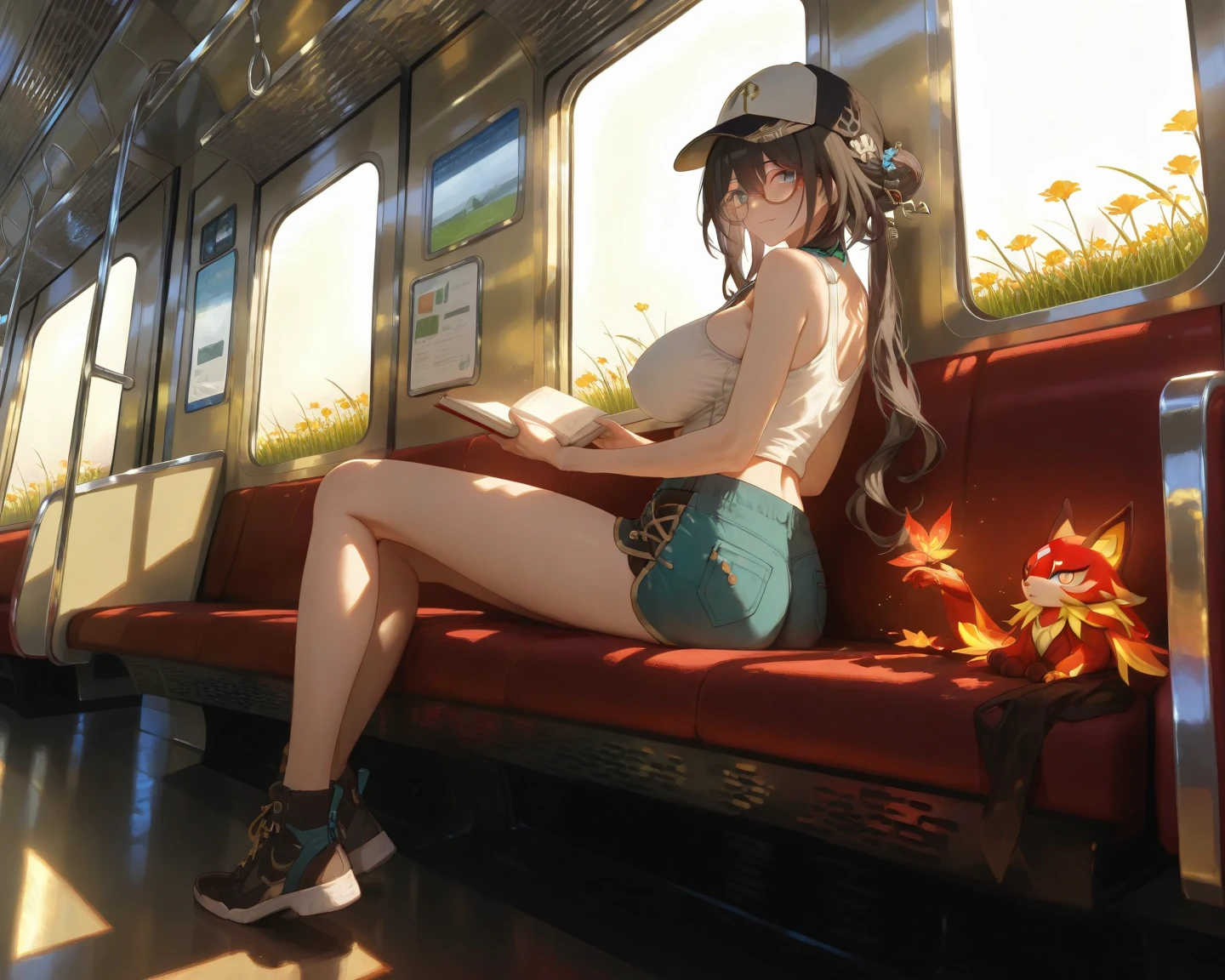 (masterpiece, best quality:1.2), abandoned train, in a flower field, 1girl, no panties, bottomless, open shirt, sitting by a train, warm, summer, vibrant colors, best lighting, best shadows