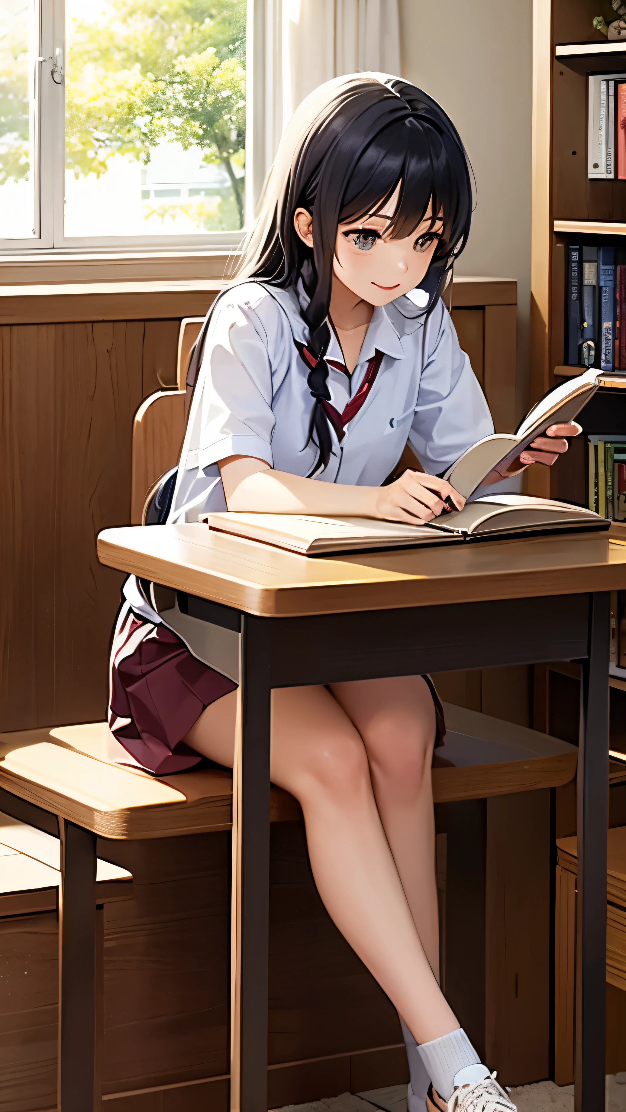 A student who sits on a chair in the library, she's wearing glasses, blond long hair, Blue eyes, рубашка полурастегнутая сверху от чего видны black bra, chest size 5а, straight waist, бедра большие и tights, pink panties under a black miniskirt, tights, Black miniskirt, Pink panties, black bra, shirt unbuttoned at the top, black bra на груди, chest size 5 , tie, breast size big hips she sits next to you looking at you