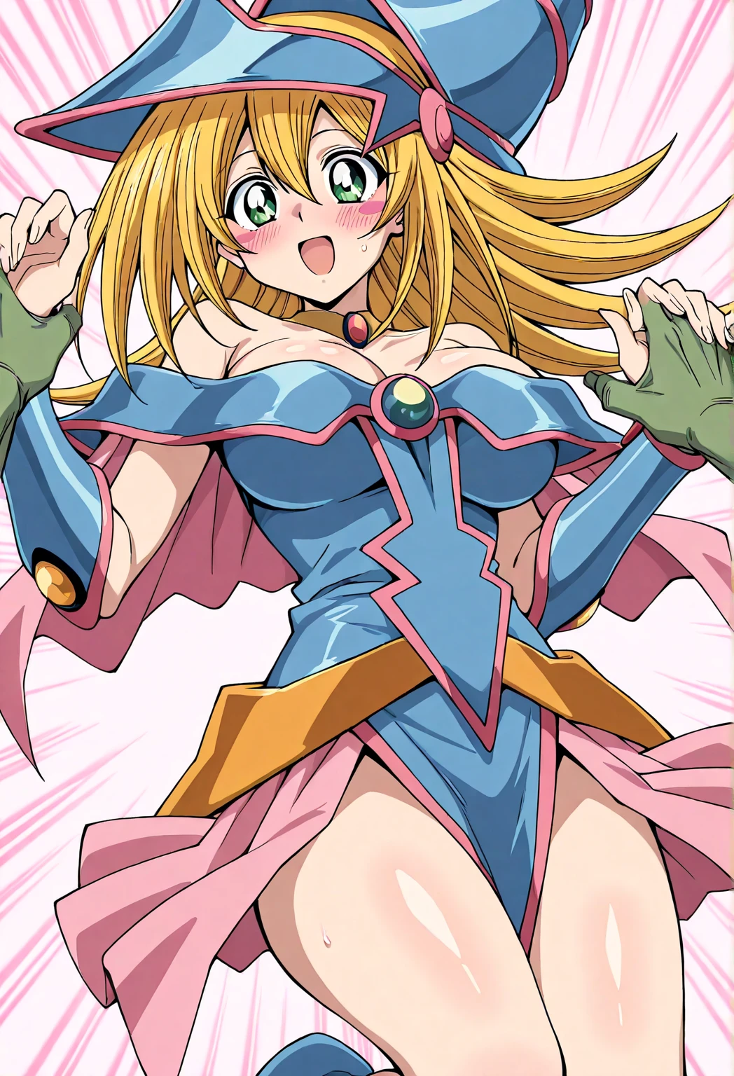 Black Magician Girl、Huge breasts、Thick thighs、blonde、magic circle、8K, 4K, Highest quality, High resolution: 1.2),Wink、Expose one breast、Cute anime face、Pink blush on cheeks、Noise Reduction、Tight leotard