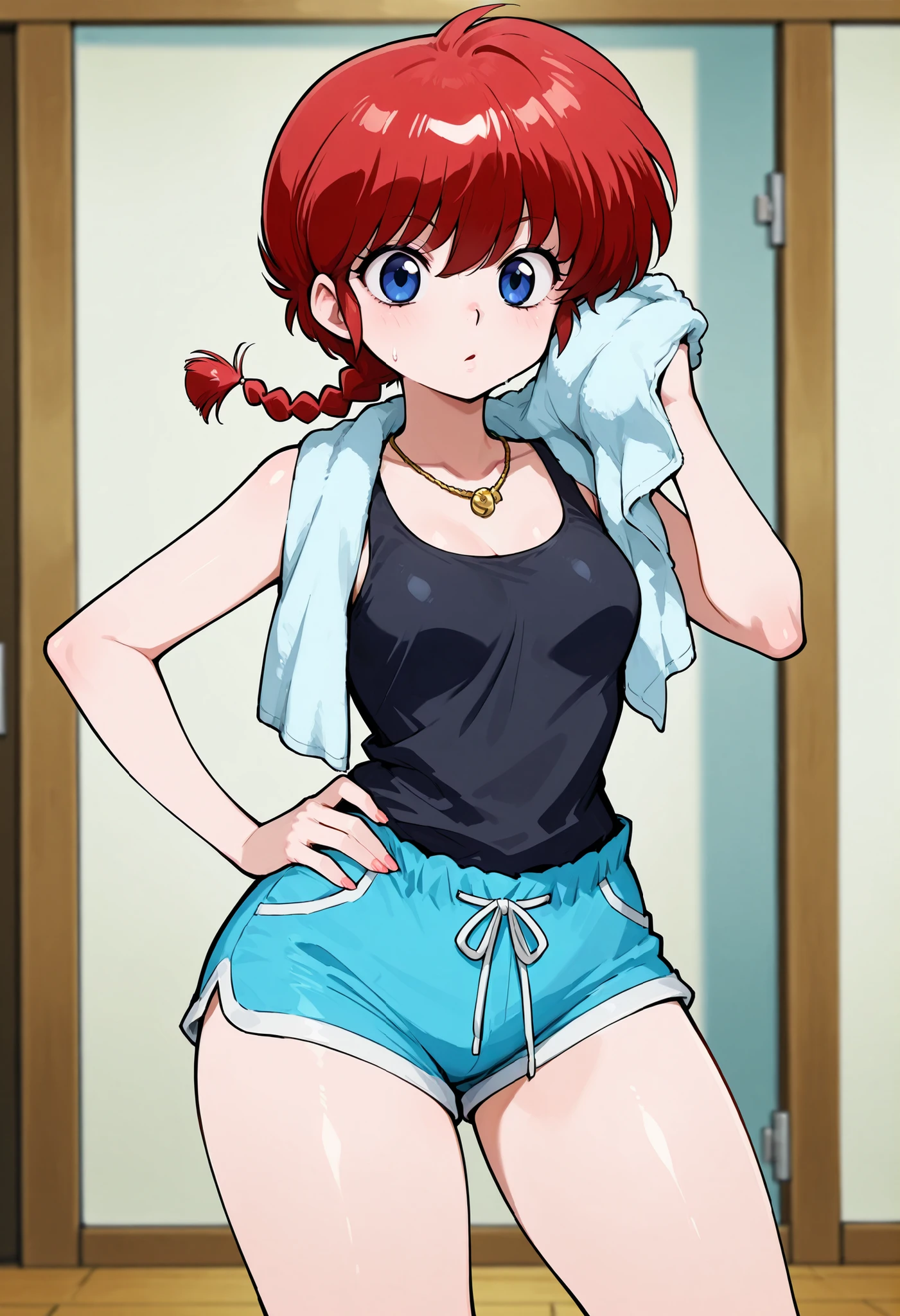 Ranma Saotome. red hair. pigtail. blue eyes. braid. small breasts. huge hips. necklace. black eyeliner. pink manicure. | score_9, score_8_up, score_7_up, source_anime, anime screencap, ultra detailed, skin_detail, lustrous_skin, shorts, hand on hip, single braid, tank top, towel, towel around neck