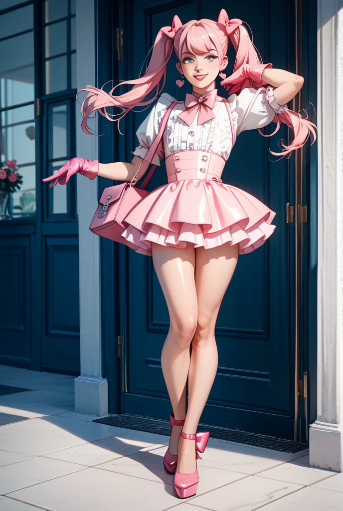tmasterpiece,Best quality at best,high qulity,teens girl,Pink hair,White silk beautiful legs,white dresses,waving hands,ssmile