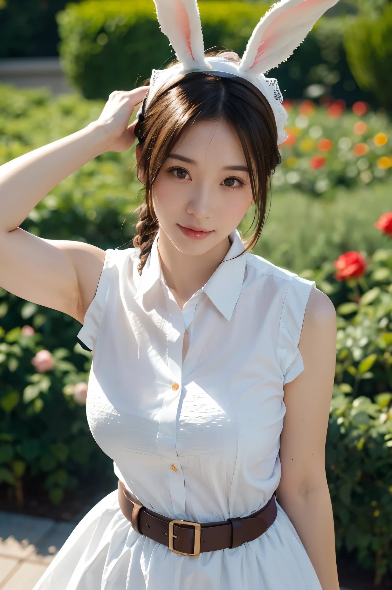(brown hair), braided ponytail, ((rabbit ears)), maid headdress, Fujicolor, (((masterpiece))), ((textured skin)), (((high details))), highres, cute, lovely, maid, Apron dress, big breasts, overhead view, ((rose garden)), (sleeveless shirt:1.7)