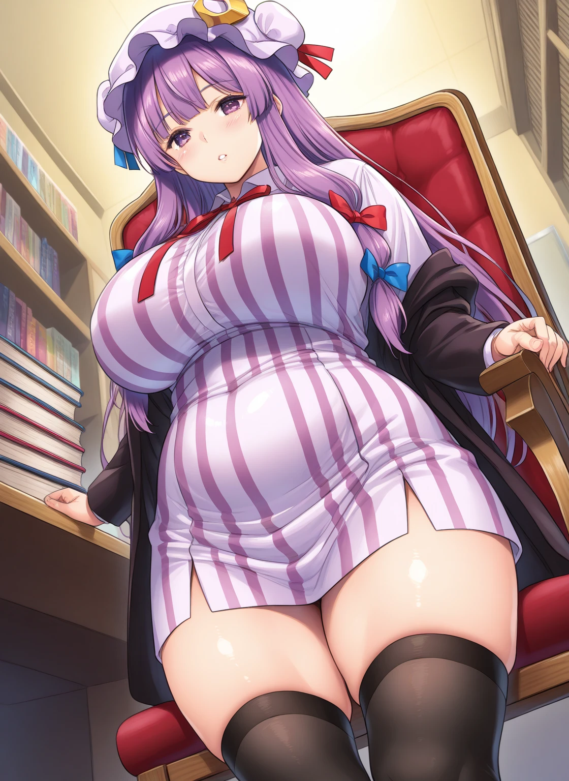 ((masterpiece,best quality)), absurdres, patchouli knowledge,solo,cowboy shot,huge breasts