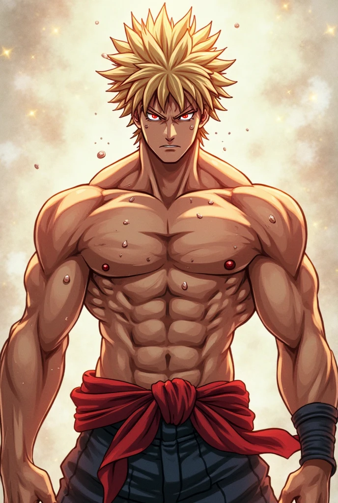 masterpiece, best quality red eyes, game cg, 1boy naked and V-Line sweating, solo, male focus, (looking at viewer), upper body sweating, bakugo katsuki, yellow hair, red eyes, shirtless naked, toned muscle sweating, pectorals, 8 abs, toned legs, naked legs, slightly bulged, detailed, stage lighting, well lit, naked body, glowing aura in the background, ((upper body)), (naked flaccid penis)