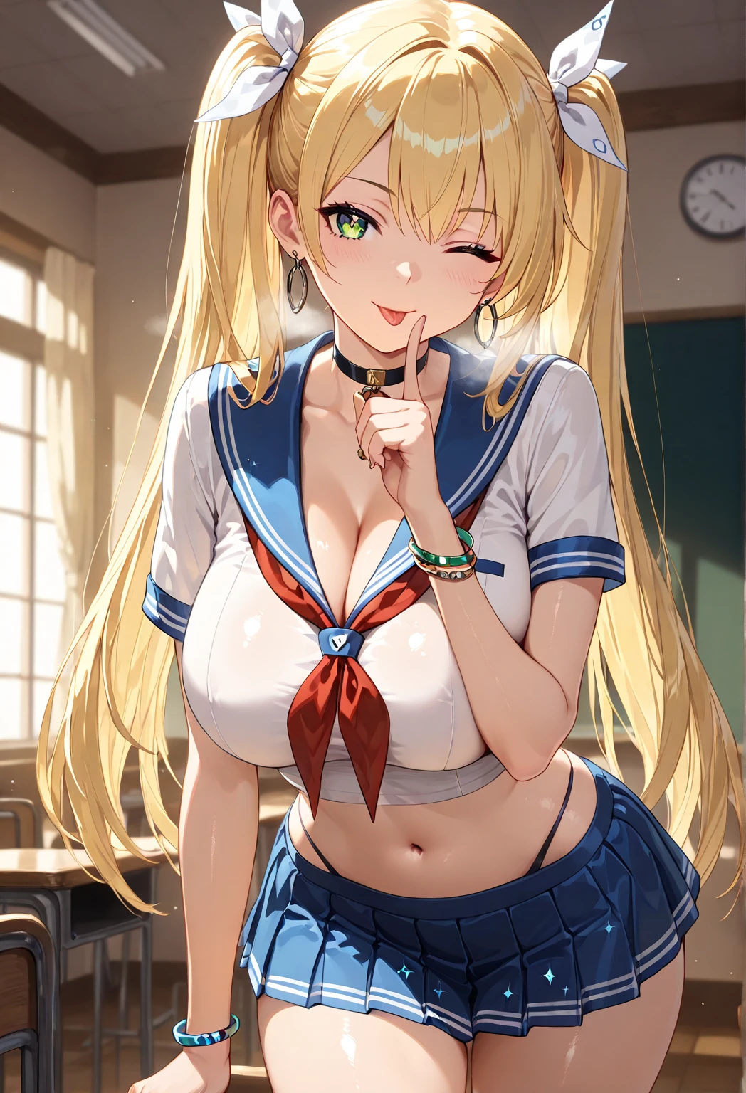 nsfw,Beautiful illustrations,Looking away,highest quality, smile,pretty girl,brush,leaning forward,Picking up fallen items,blue pleated skirt,classroom,High-quality backgrounds,Slanted Eyes,High quality pink panties,High quality bra,From Behind,Blonde ponytail,{{beautiful large breasts 1:4}},Black cardigan,Red ribbon,Detailed shirt chest wrinkles,{{{high school girl}}},BREAK,{{beautiful dark blue eye1:4}},BREAK,Five fingers,smile