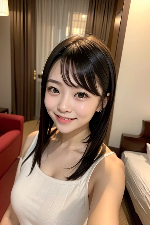(28 years old,Beautiful Japanese,Round face、Seems kind、Iris、 ,(Black Hair),(Medium Long Hair),high quality、masterpiece:1.2,(Genuine、photo Genuine:1.4),break,Are standing,blouse,Big Breasts,whole body,smile,bangs