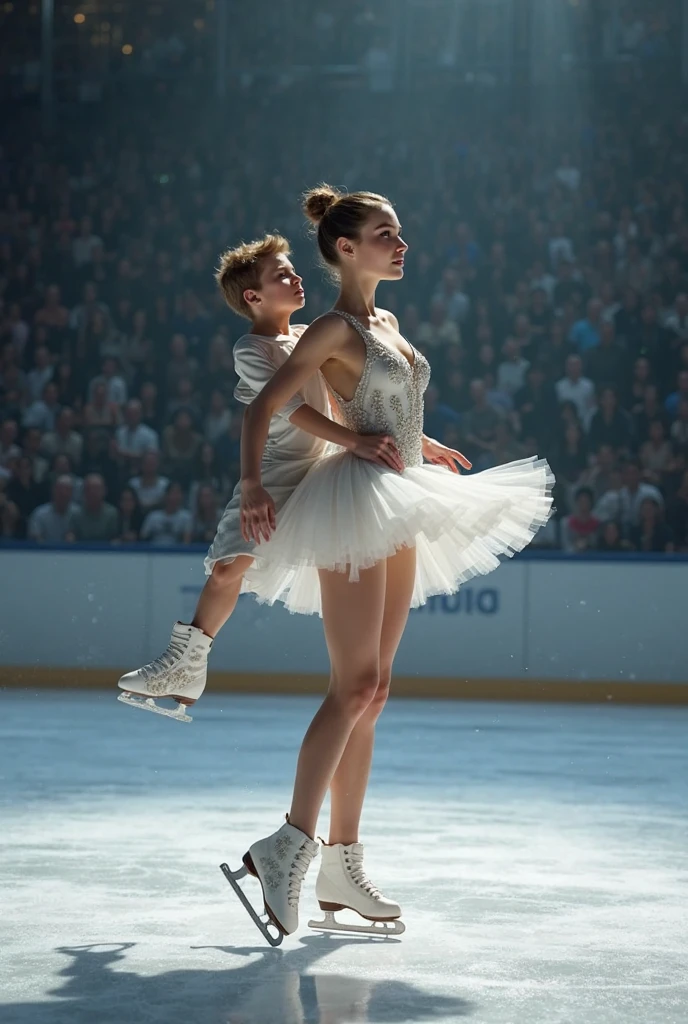 1 female、1 male、(Men are clothed:1.5)、(Russia:1.5)、world skating championship、two people dancing ice dance、(Just the two of us on the ice:1.3)、(super beautiful)、(beautiful face:1.5)、detailed face、barefoot、purple costume、(white panties)、(anatomically correct movements)、(At SFW)