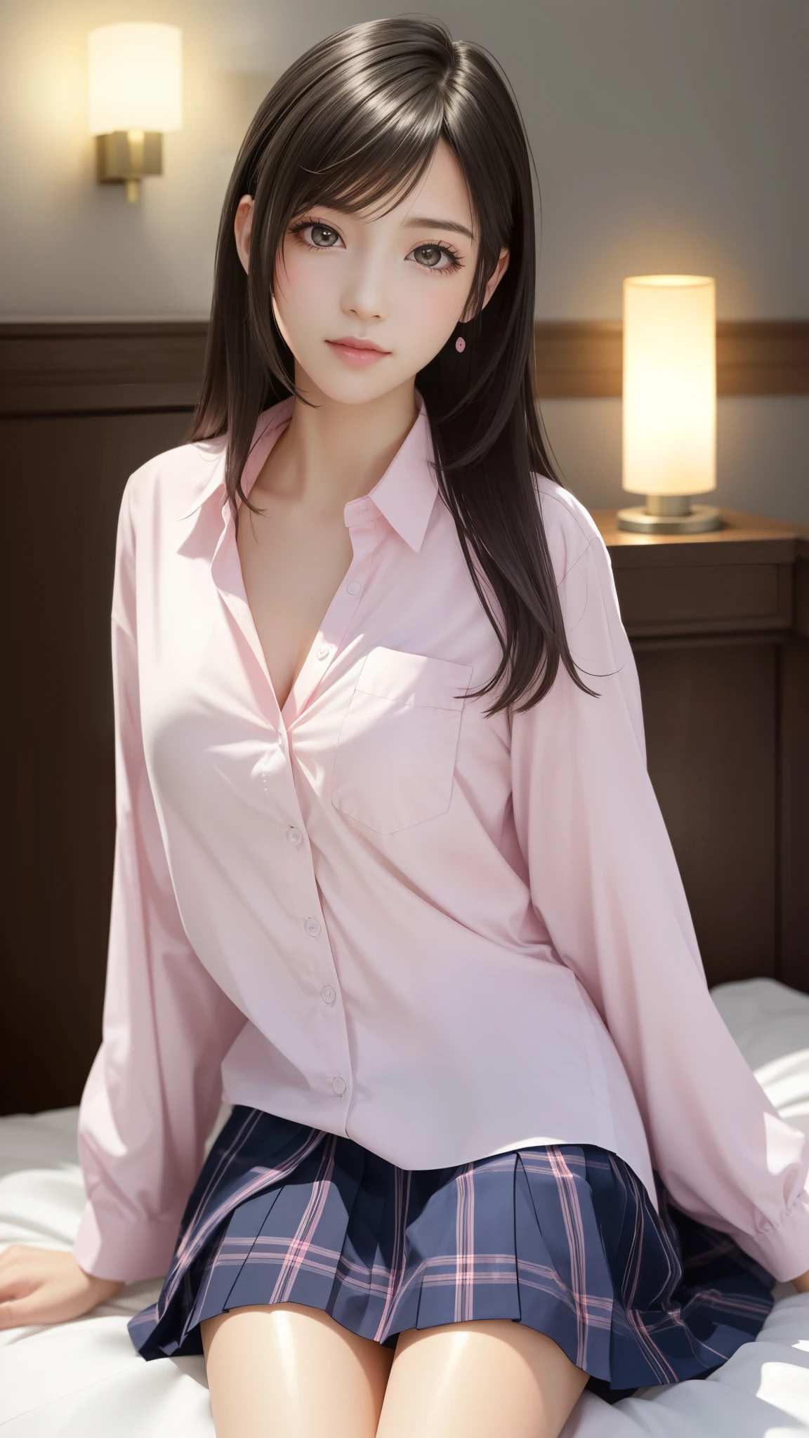 Woman wearing a silk collared blouse、big breasts、long sleeve