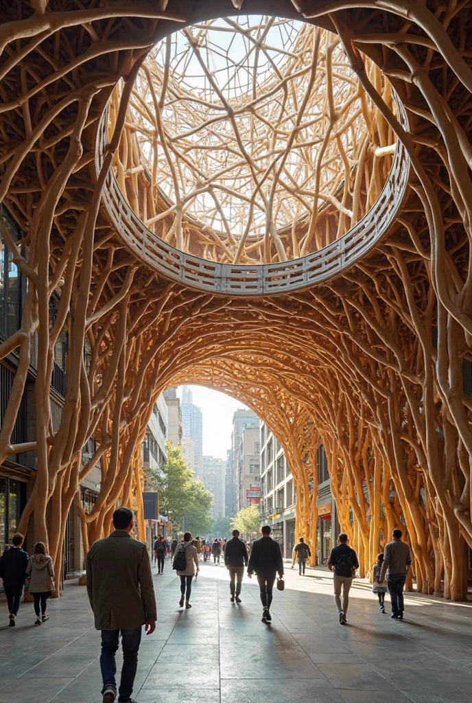 a surreal conceptual photograph of an architectural pavilion in the center of Barcelona, and is designed with wooden beams that reproduce the organic shape of a spider web. The beams are arranged in a complex and fluid manner, people々walking underneath It forms an elevated structure that can, as if moving through a natural space. inspired by Kengo Kuma'style, The design uses natural patterns、mimics the subtlety of a spider's web., It creates deep shadows and warm light and、highlights the texture of the wood. Shot with 55mm lens, this image has a cinematic vibe, emphasizes the interaction between architecture and the urban environment、has a contemporary and dramatic vibe."