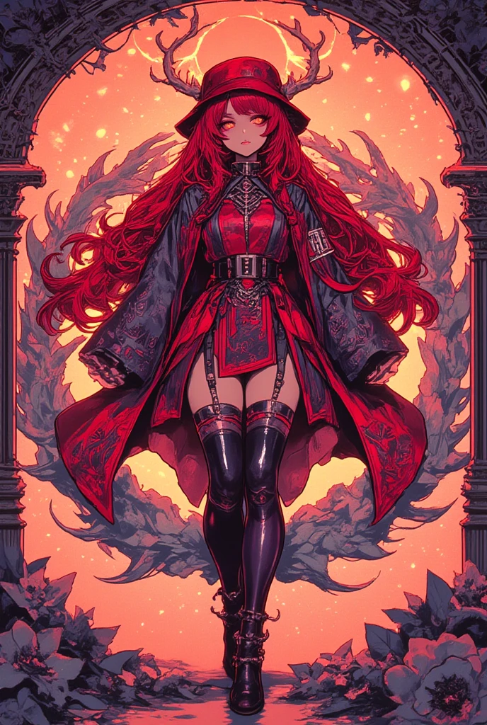 BREAK Perfect Anatomy、(High resolution:1.2)、Incredible illustrations、(Cute illustrations:1.2)、(nsfw) (Beautiful background(forest)) 1 girl(Red hair, long curly hair, red eyes,tattoos, ,tan skin:1.5)(young adult woman:2.0)Kyungsy Girl(Gothic Cheongsam)(Full body view)