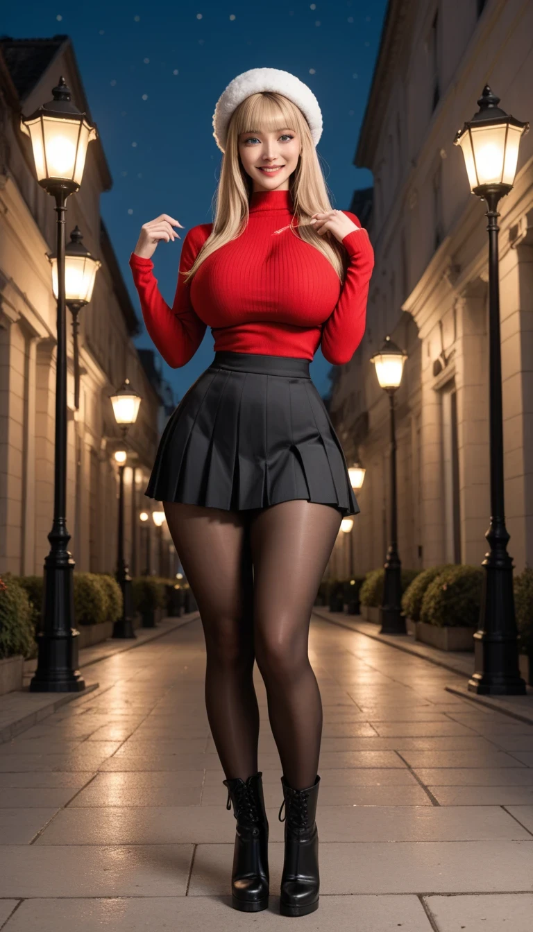 ((full-length photo: 1.5, standing, whole body, feet on the ground, general plan: 1.4)), masterpiece, best quality, super detailed, beautiful detailed face, intricate details, flat color, depth of field, girl, teenager, anime, legs spread wide, looks at the viewer, (village:1), nature, (blonde:1.6), (twintails:1.5), ((red pleated miniskirt, red skirt)), white shirt, white shirt, unbuttoned top buttons,  unbuttoned shirt, white blouse, (without bra:1.1), plunging neckline, black tights, high-heeled shoes, detailed leather texture, detailed fabric texture, huge breasts, (blue eyes:1,2), (ruddy:1)