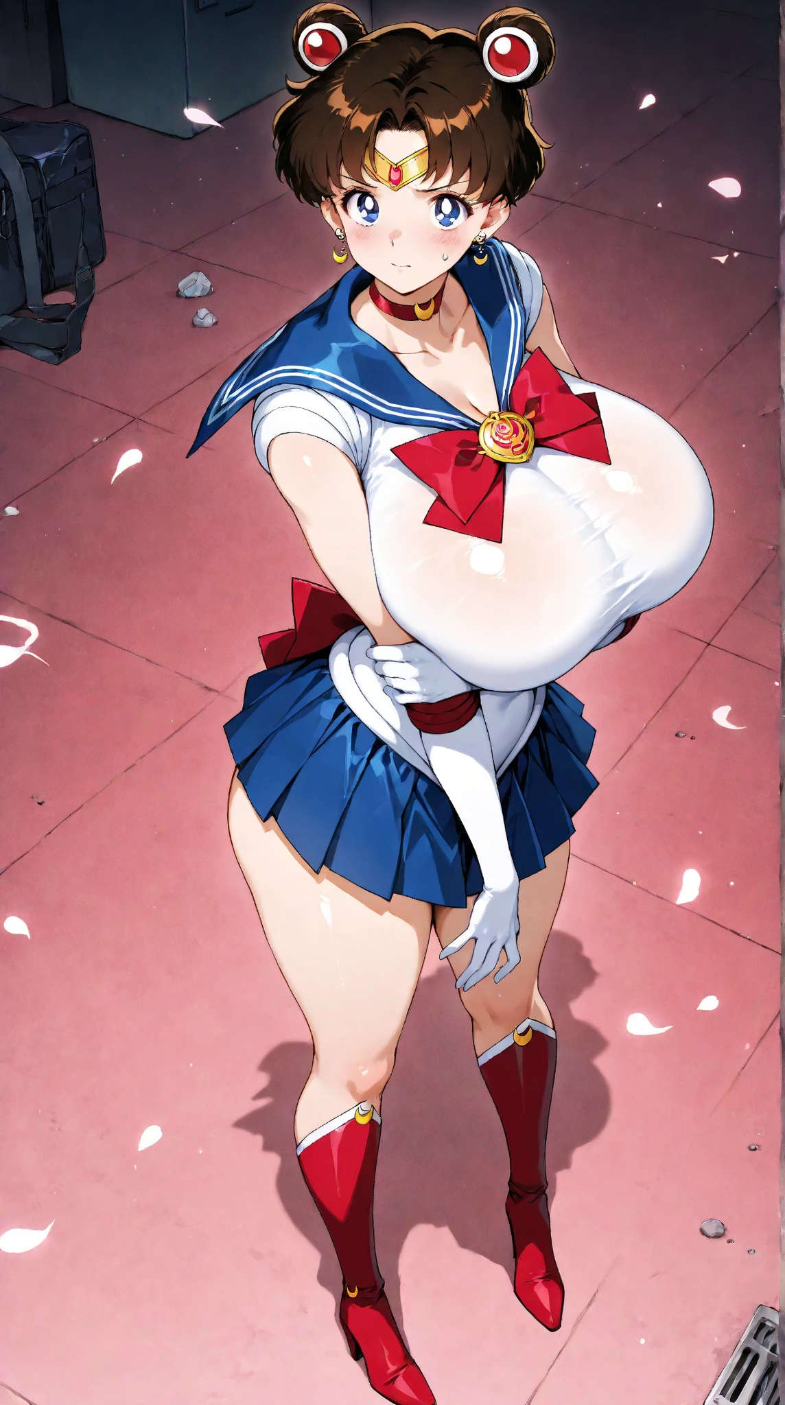 Sailor Jupiter, makeup, pink eyeshadow, brown hair, Sailor Jupiter hair, ponytail, miniskirt, beautiful, (masterpiece:1.2), (best quality:1.2), perfect eyes, perfect face, perfect lighting, 1girl, cropped legs, curvy, Sailor Jupiter outfit, exposed midriff, white crop top, Chest bow, long gloves, White Thigh-highs, choker, lifting skirt, huge breasts, smile, solo, thick thighs, Point of view from below, Can be seen under mini skirt, Exposed panties, showing panties and super tight thong