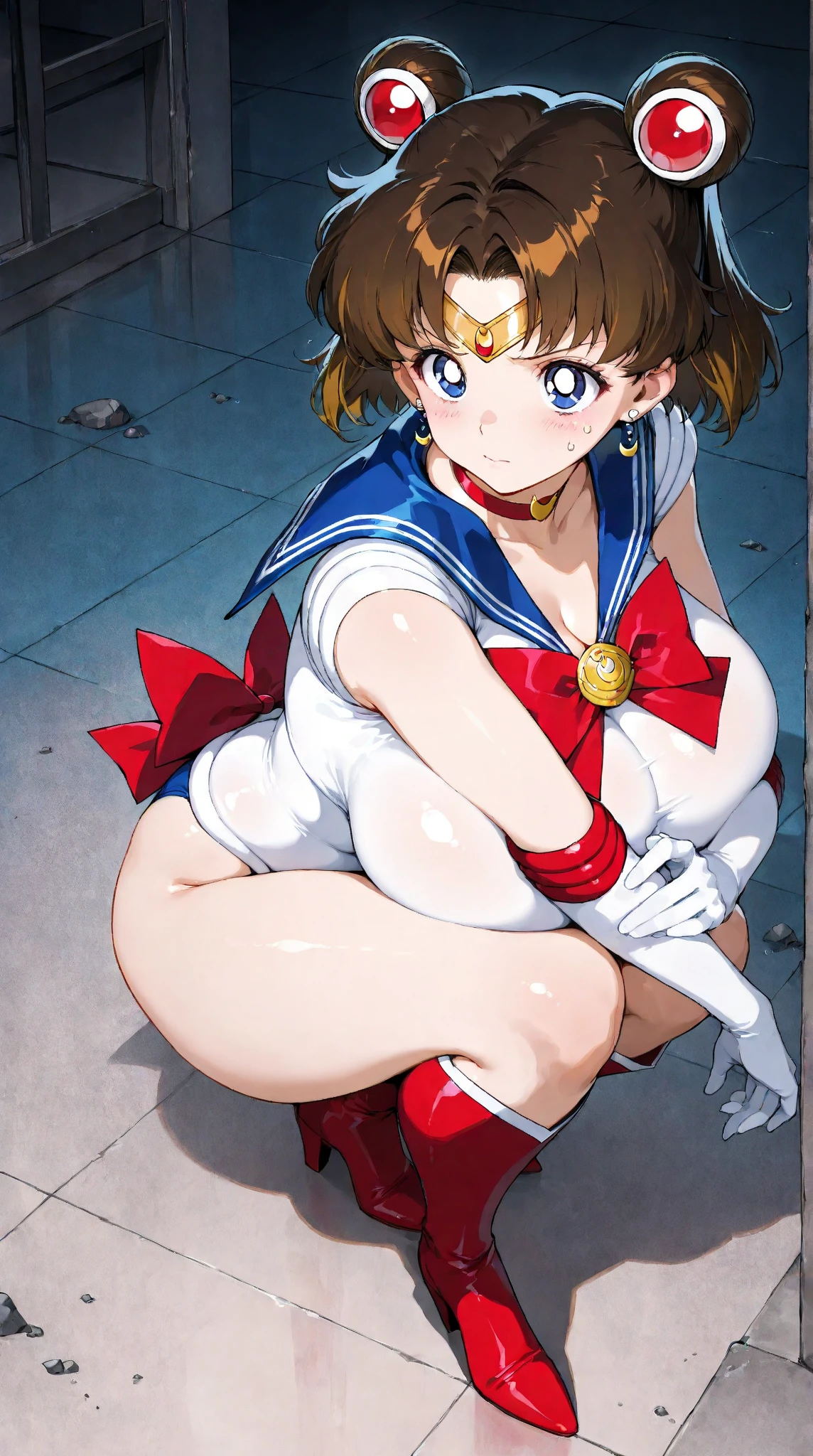 1girls, masterpiece, highest quality, disorganized, retro artstyle, 1980s \(style\)))), look viewer, (((sailor uniform))), (hikaru hiyama), (((scoolgirl uniform))), knee shot, full blush, (((white Panties))),, Take a look here, (((nsfw))), view audience, short hair, 2girls, nsfw, Genitals are visible, (((See here))), nsfw, (Japanese girl showing off panties:1.1), look viewer, from below, (((a girl, Flying in the air in a sailor uniform, from the knees up, overlooking the cityscape below,))),