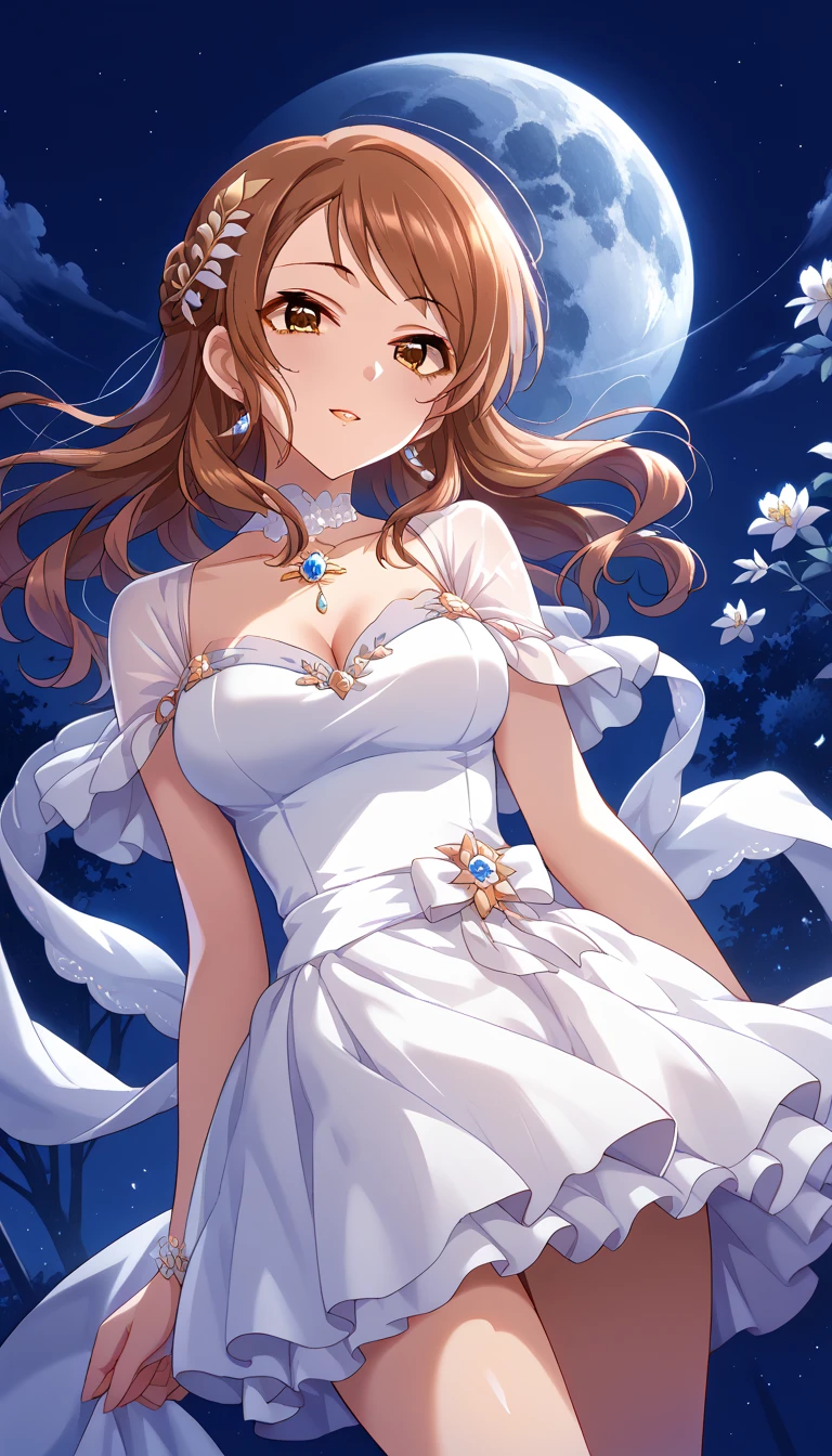 (masterpiece), best quality, ultra-detailed, illustration, warm lighting, soft lighting, bright colors, back view,( beautiful girl, long hair, blue eyes, ribbon, brown hair, hair between eyes, hair ribbon, sidelocks, very long hair, messy hair), night, outside, grass, river, sitting on the grass , starry sky, warm moonlight, (wear long, straight white taffeta dress), (modest and elegant dress),Sparkling necklace, mischievous smile,