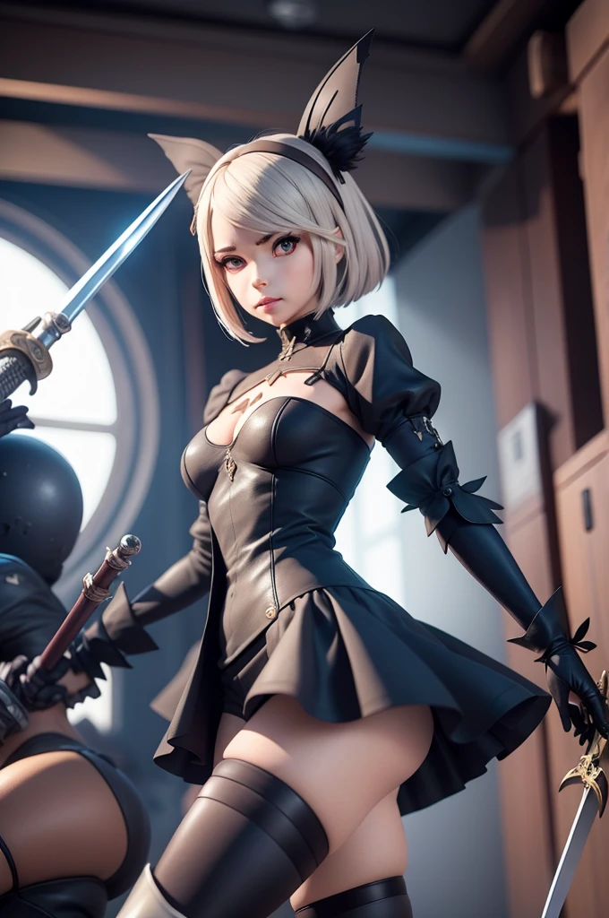 ((Highest quality，Extremely detailed CG Unity，32K))，stand、、((Holding a Japanese sword:1.6)))).Have a weapon (( Professional quality，Perfect photo， Ray Tracing， Perfect volume lighting ))， ((Hyper Detail，Intricate details))((Masterpiece))，眩しいハイライトが入ったプラチナblondeの髪、Shiny bright hair,、Shiny beautiful bangs、Sparkling, clear, attractive big blue eyes、Very beautiful, lovely and cute girl、((Dressed up：2B Nier Automata,Black Goth Dress:1.2, White gloves, turtleneck,Feathersり, Feathers,))，)(White panties)(，((Camel Toe)monspudis,,(((blonde))),(Very long hair:1.6)),Twin tails、((dramatic graphic background, ruins, overgrown with plants, Remains,))
