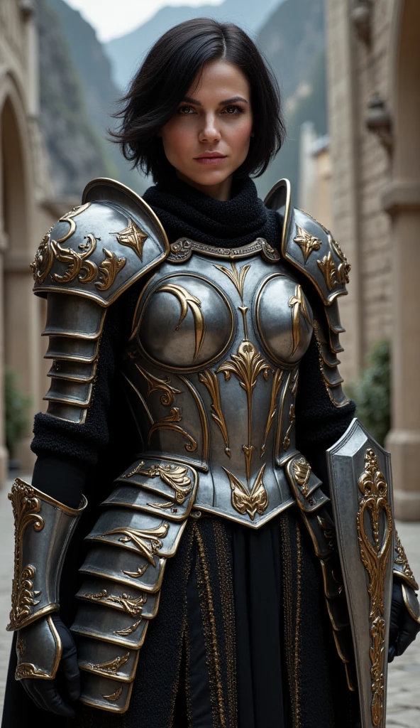Estilo anime, uma mulher com um escudo e uma arma, menina na armadura do cavaleiro, picture of female paladin, Menina da armadura, cavaleiro feminino, vestido com armadura leve, vestido com armadura de batalha, vestido com armadura de batalha antiga, female paladin, cavaleiro usando armadura de placa, usando armadura de prato cheio, usando armadura de placa brilhante, usando armadura de placa