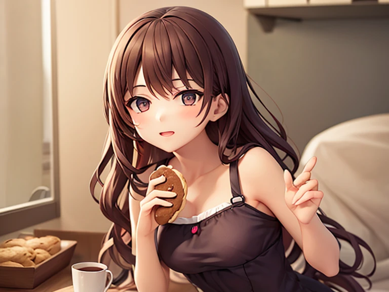 ((アニメ)) there is a woman laying on the floor comendo a donut, Beautiful Delfina, eating cakes, about to consume you, tinspirado em desenho アニメ,, very low quality image, captured by thin and highly colored strokes, high color variation, sharp contrast, shadow and light (fancy)