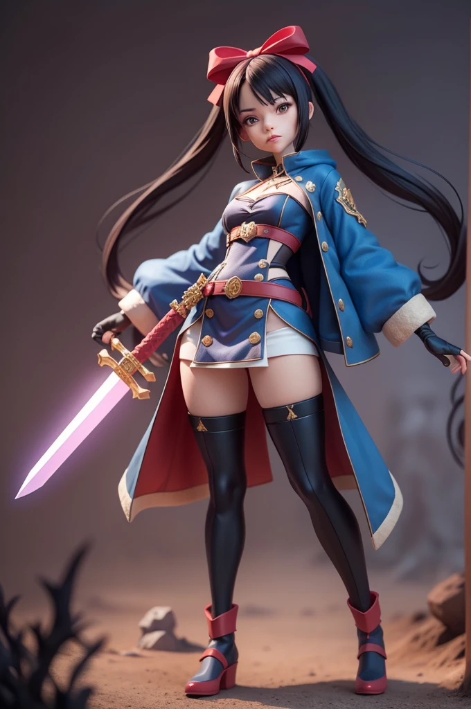 3D figure,high quality photo of figure, cleary outlined, very cute and bautiful anime 1girl,(warrior,swordswoman:3.5), (Dynamic posing, holding one long flame-sword on pedestal:1.5), (grin:1.5), (short-pants-bikini,midriff jacket:3.5),(chibi:2.5), (solo:2.0), (full body:4.0), simple and flat background, (masterpiece,best quality,ultra detailed,extremely detailed,absolutely resolution,absurdres,8k), BREAK,(highly detailed face and eyes:4.0),(dark_skin:5.5),(tribal_tatoos:4.5),(wavy hairs),(long hairs),(messy hair),(asymmetry bangs),(dark brown hair, red streaked hair, blue streaked hair:3.5),(blue-eyes:3.5),(flower hair ornament:3.5),(Intricate Iris Details,Depth and Dimension in the Pupils:2.5),