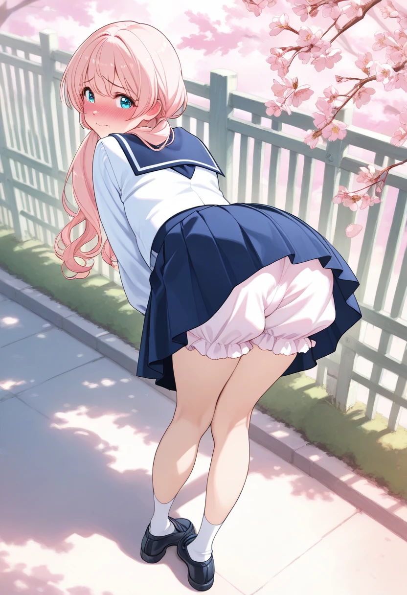 score_9, score_8_up, score_7_up, very aesthetic, source_anime, detailed, high quality, beautiful, masterpiece, detailed eyes, forest, tree, ruins, zdyna_posecowboy photo, close up, dynamic angle, full body, from behind, on all fours with her ass up in front of the camera, squeezing her ass with one hand and the other resting on the ground, slap mark on her ass, sexy position, excited face, pained expression, slight smile, open mouth, tear in the eyes, medium breasts, dynamic pose, from behind, looking back, 1 girl, light pink hair, blue eyes, hair clip, bangs, long hair, black shirt, long sleeves, scarf, sailor collar, school uniform, serafuku, white skirt, tomoeda elementary school uniform, skirt is up, pink lace panties, ,,,,, zPDXL a boy squeezing her ass and penetrating his penis into her wet vagina, cumming inside, used condoms lying around in the corners