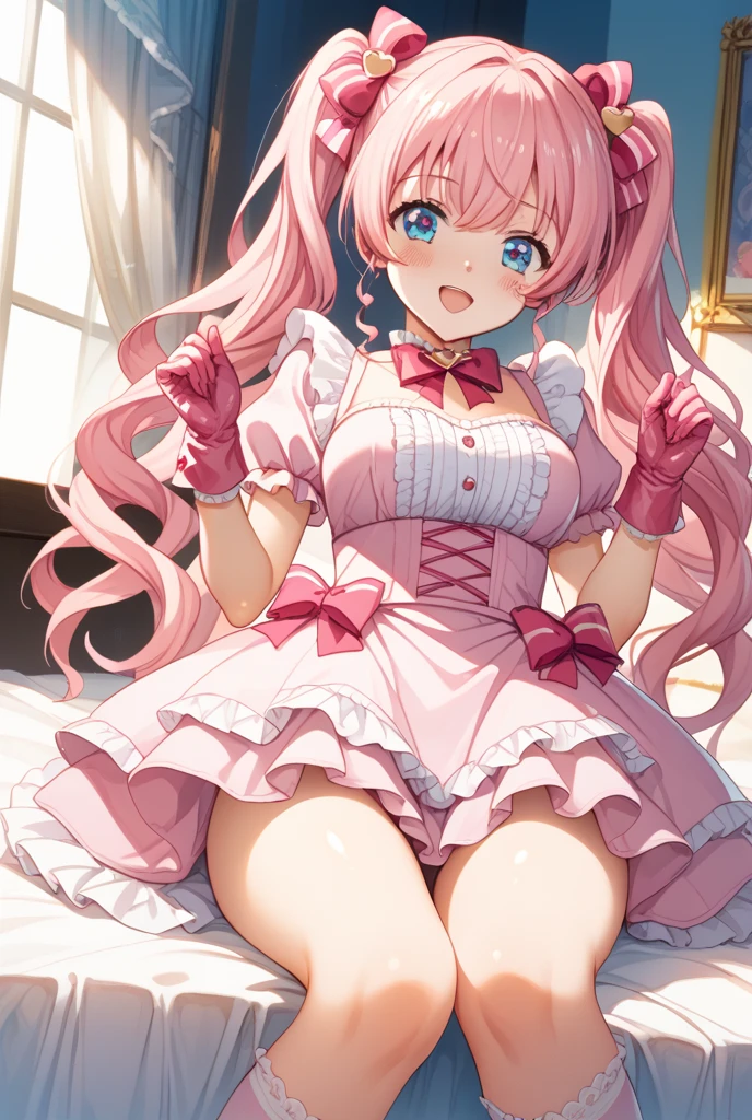 Portrait Art 15。详细的脸、((Carefully written hands and fingers、Detailed hands and fingers))、Pink hair。length hair。pleatedskirt。Camisole。耳Nipple Ring。Heart-shaped chest。Happy look。Cute PINK Room。plushies、pantiy、Cute string panties