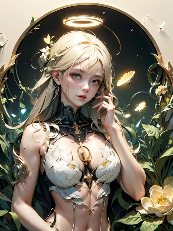 Marble statue of the goddess of the moon、breasts rest on table、has silver hair、Detailed eye、detailed face with、Moon halo、natta、Contrast between light and dark、