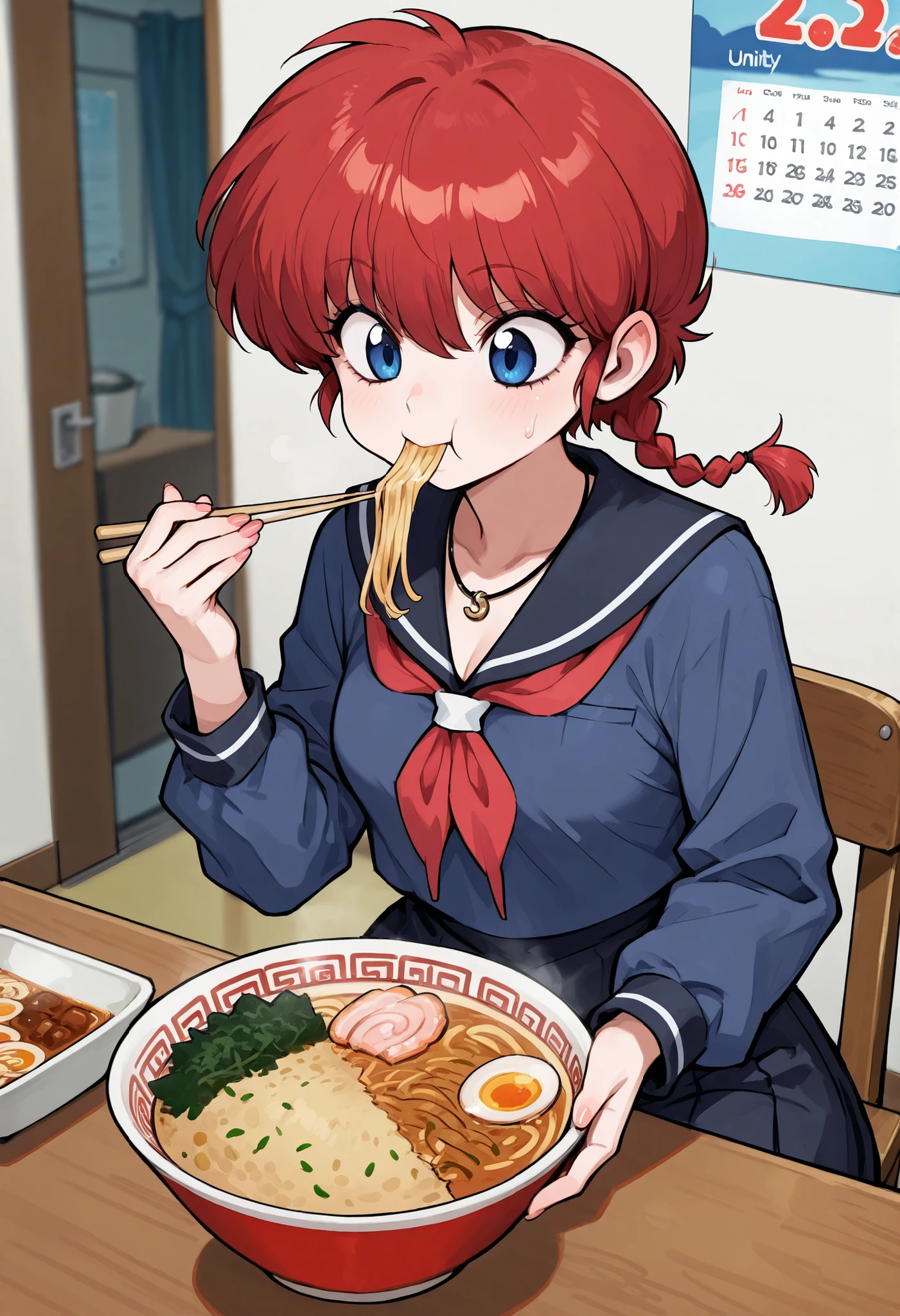 Ranma Saotome. red hair. pigtail. blue eyes. braid. small breasts. huge hips. necklace. black eyeliner. pink manicure. | score_9, score_8_up, score_7_up, anime, BREAK skirt, shirt, long sleeves, school uniform, BREAK machichuka, calendar (object), noodles, food, chair, sitting, eating, ramen, chopsticks, indoors, blurry, table, bowl, restrant, poster (object), chinese-style fried rice, chahan, eating ramen, (masterpiece:1.3), best quality, high resolution, unity 8k wallpaper, extremely detailed CG, 8K,
