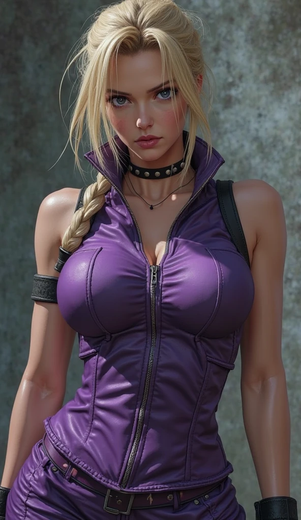 masterpiece, Highest quality,  Unreal Engine,  Super Resolution,  Very detailed, 

Beautiful woman, pakuwz, blonde hair, red eyes, cleavage, short hair, formal, purple jacket, high heels, no bra, purple skirt suit, large breasts, Vivid expression, Healthy Body, Beautifully detailed sweat glands, Smooth skin texture, Carefully drawn, 

(humidity:1.5), Beautiful Eyes, (Attractive face:1.2), (Beautiful Skin), Tight waist, (Big Breasts), (Sticky with sweat), Dynamic pose, 

In the world of Hunter Hunter, Outdoor,  In the slums,