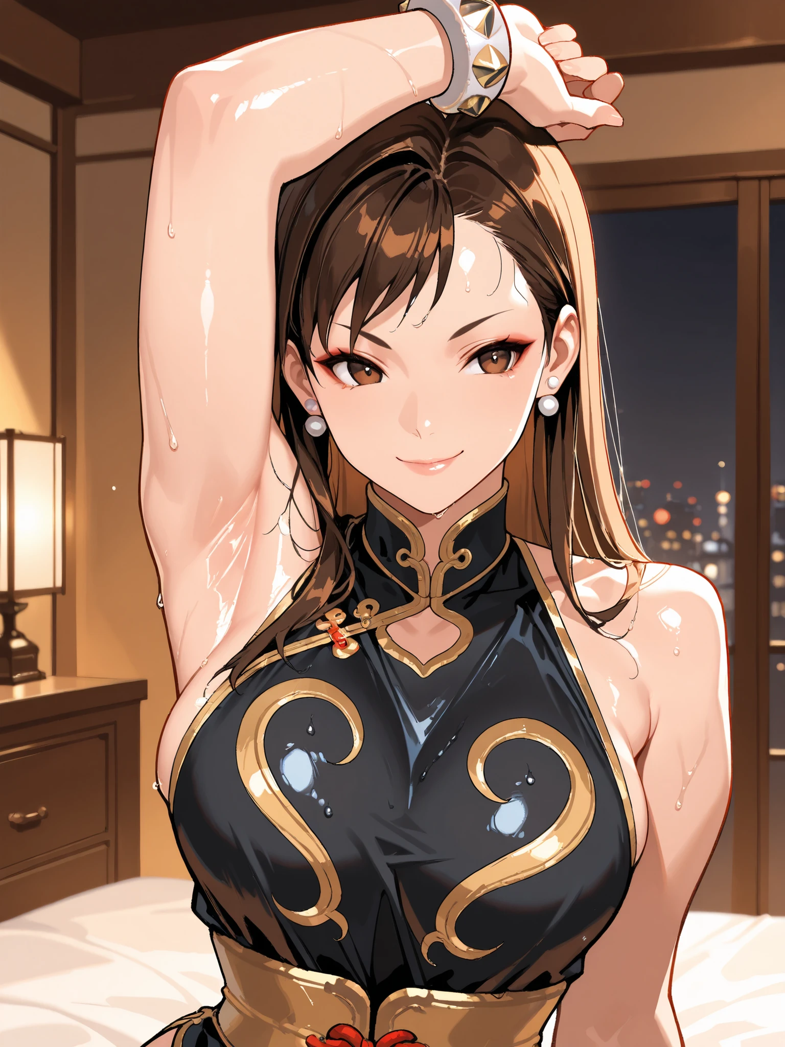 armpits,wet skin,masterpiece, Highest Quality, extremely sophisticated, chun-li5 , brown eyes in the bedroom, brown hair, long hair, China Black Dress with the Chinese Streets in the Background, white bracelet, Black Leotard, Chest, bare shoulder, 1 girl, solo, smile, with your lips tied, Dynamic Poses, , indoor