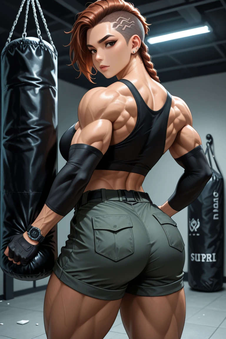 Ass to camera looking back, (melhor qualidade:1.3), (Qualidade 4k), Nobara Kugisaki por jujutsu no kaisen, seios enormes, cintura fina, Athletic body, blue micro bikini, coxas grossas torneadas, ((Rosto detalhado)),((sorrir)), (()), (seios grandes), sexy, ((corte de cabelo ))
