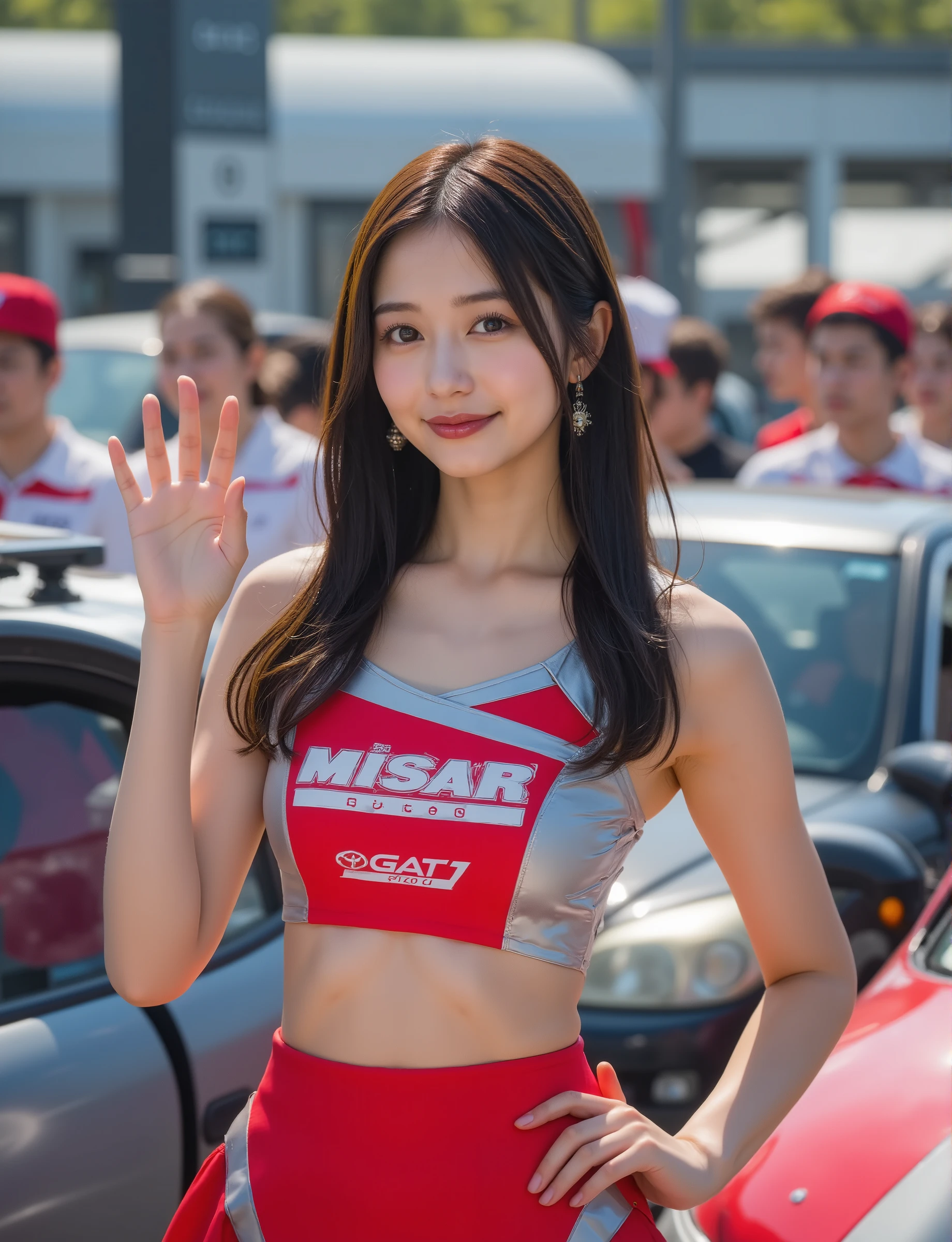 Masterpiece, Max Quality: 1.4, Ultra Detail: 1.4. 全身ショット。
She has long dark hair and is posing with one hand on her hip and the other waving, as several race cars stand in the crowd.,(衣服にはスポナーのロゴがある "トヨタ" "GAT1":1.5),レースクイーン,ノースリーブ,美しい日本の,动态角度,20歳,パンティストッキング,笑顔,自然,, 詳細な肌のテクスチャ, (:0.5), ( グースバンプ:0.5), サブサーフェーススキャタリング