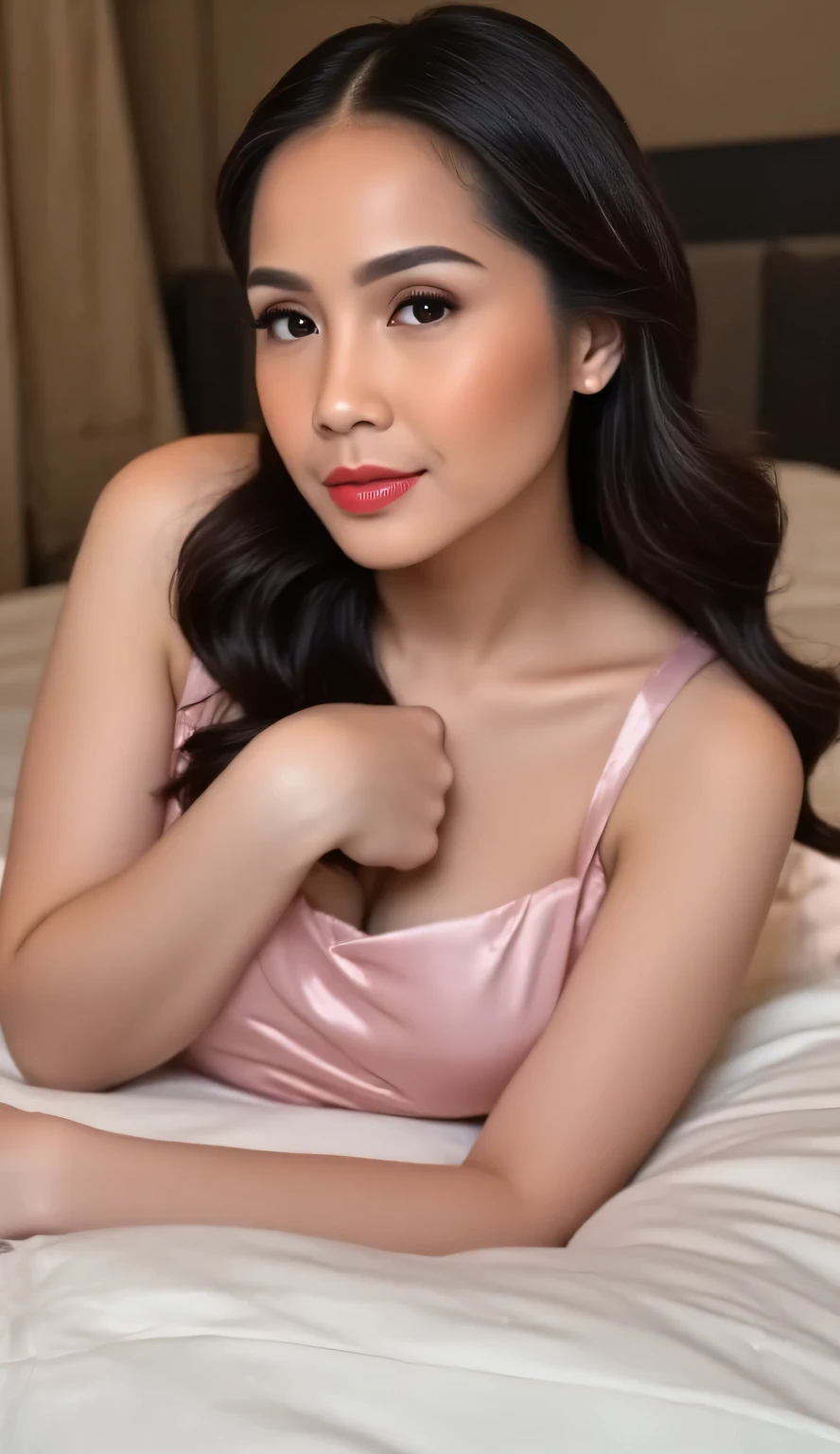 ((best quality)), ((masterpiece)), (detailed), young girl, tall girl, c-cup, tan, at home, in bed, just woke up, long black hair, photorealistic picture, natural skin, high resolution, beautiful face, shy smile, blush, youthful looks, full body picture, realistic skin, (wearing nightwear), natural looking hair