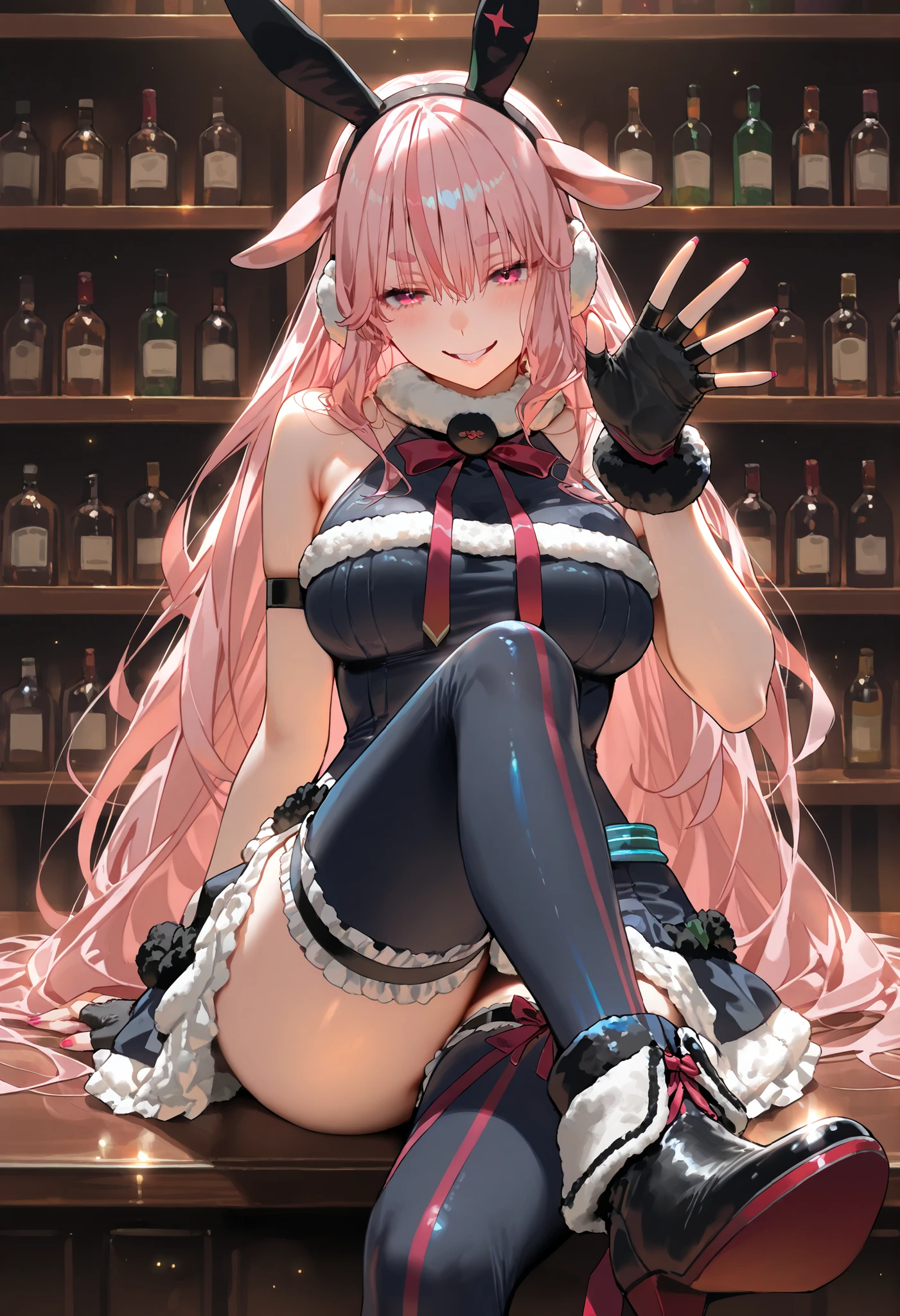 1girl, alcohol, cup, detached sleeves, drinking glass, flower, pink hair, pointy ears, purple flower, purple rose, red eyes, red flower, red rose, rose, rose petals, sitting, solo, thighhighs, vampire, wine glass, miniskirt, dress, เขี้ยวยาว, นั่งกางขา, กางเกงในสีขาว, โชว์กางเกงใน, camel toe, โชว์หน้าอก,