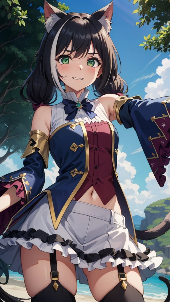(((masterpiece))), ((Highest quality)), (Very detailed), ((High resolution)), ((8K)), ((Anatomically correct)), One very cute girl, Baby Face, (Big Breasts), Short Hair, Braid, Brunette color hair, Letting down your bangs, (Short), (Petite), Charming smile, Emerald Eyes, Best moment, Delicate arms, Detailed skin texture, Intricate details, Very detailedな顔, Beautiful thighs, Beautiful curves, (Sweating), At the park, (Love juices leaking from the vagina), ((Flipping up a skirt with both hands)), (Not wearing underwear), An inviting gaze, Love your audience, 
