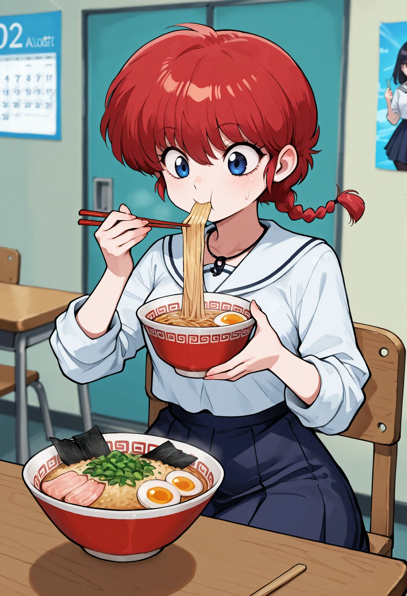 Ranma Saotome. red hair. pigtail. blue eyes. braid. small breasts. huge hips. necklace. black eyeliner. pink manicure. | score_9, score_8_up, score_7_up, anime, BREAK skirt, shirt, long sleeves, school uniform, BREAK machichuka, calendar (object), noodles, food, chair, sitting, eating, ramen, chopsticks, indoors, blurry, table, bowl, restrant, poster (object), chinese-style fried rice, chahan, eating ramen, (masterpiece:1.3), best quality, high resolution, unity 8k wallpaper, extremely detailed CG, 8K,