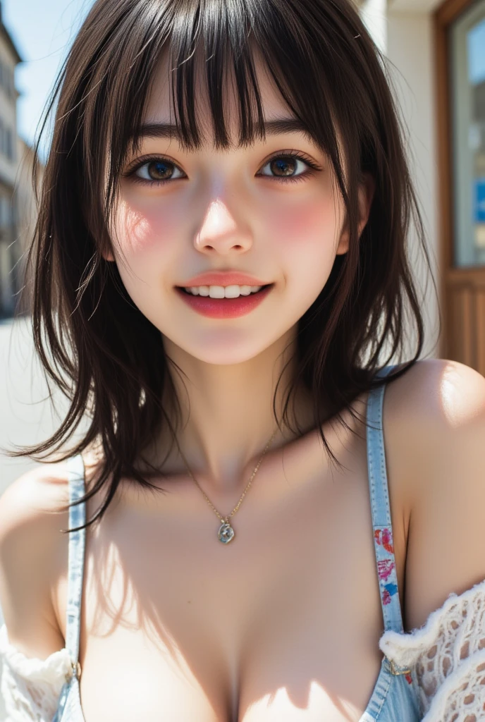 (Masterpiece, BestQuality:1.3), (ultra detailed:1.2), (hyperrealistic:1.3), (RAW photo:1.2),High detail RAW color photo, professional photograph, (Photorealistic:1.4), (realistic:1.4), ,professional lighting, (japanese), beautiful face, (realistic face), cute woman, (Brown Hair:1.5), (Big Breasts:1.2), (cheerful Smile:1.35), Trending Hair&Trending Hairカラーをランダムに, sexly, erotic sexly, Random sexy gravure poses, (A beautiful, natural-looking woman in blue denim shorts and a white tank top flashes a dazzling smile with a park scene in the background。Wear a silver necklace、Striking a natural pose。: 1.3)