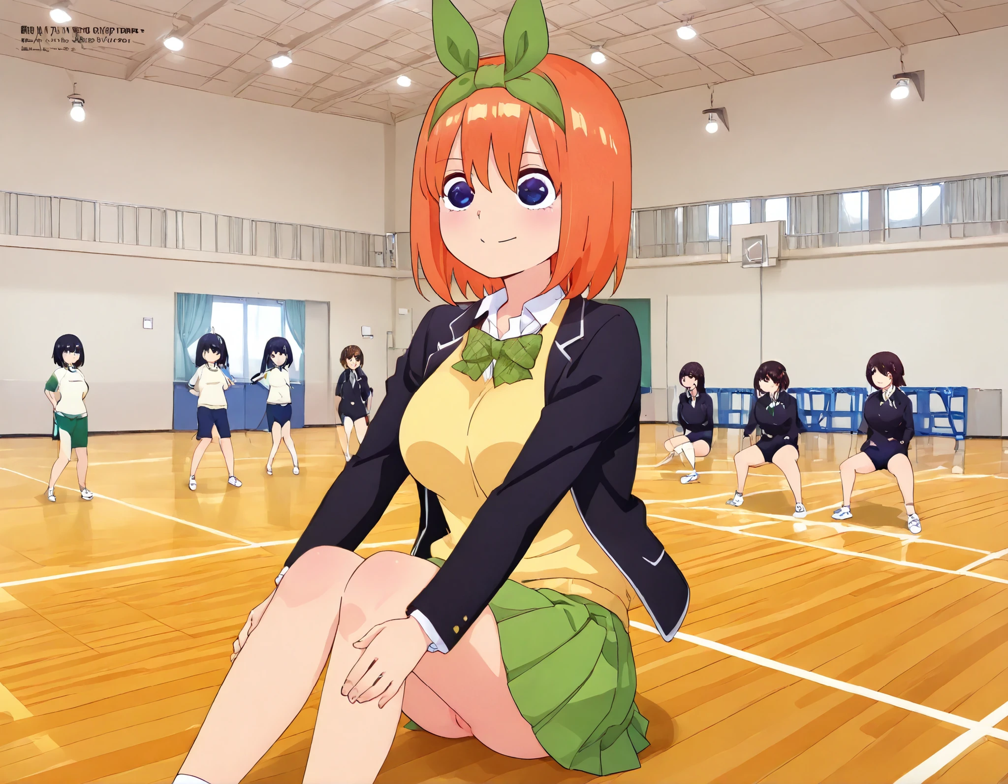 1girl,unwellness yotsuba, large breasts, orange hair, blue eyes, short hair, hair between eyes,green bow hairband, black blazer, open blazer, yellow sweater vest, white collared shirt, bowtie, plaid bowtie, green skirt, pleated skirt,sitting on the floor grasping one's knees (as in a gym class),score_9, score_8_up, score_7_up, rating_safe, masterpiece, best quality, absurdres, unity 8k wallpaper, official art, official style, source_anime, uncensored, game cg, megami magazine,taiikukan, indoors, sportswear, multiple girls, indoors, photo background, shorts, 6+girls, ceiling light, black hair, ceiling, stage, wooden floor, gym uniform, sportswear,Gymn4s3,