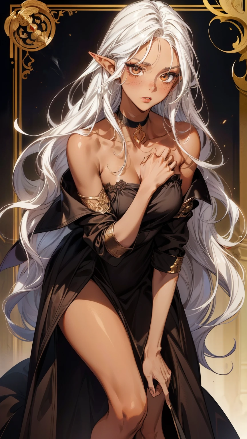 Masterpiece, very detailed, ultra detailed, one, (1 woman), she is in a simple black dress and in an elegant position, super mature, tall, milf style, mature mother, super long hair, bright white hair, super white hair and curly hair, beautiful, charming, dark blue eyes, super blue eyes, dark eyes, elegant, medium breasts (huge), neutral face, cold-blooded face, charming, bright background, valiant environment, against the background of ancient ruins.
