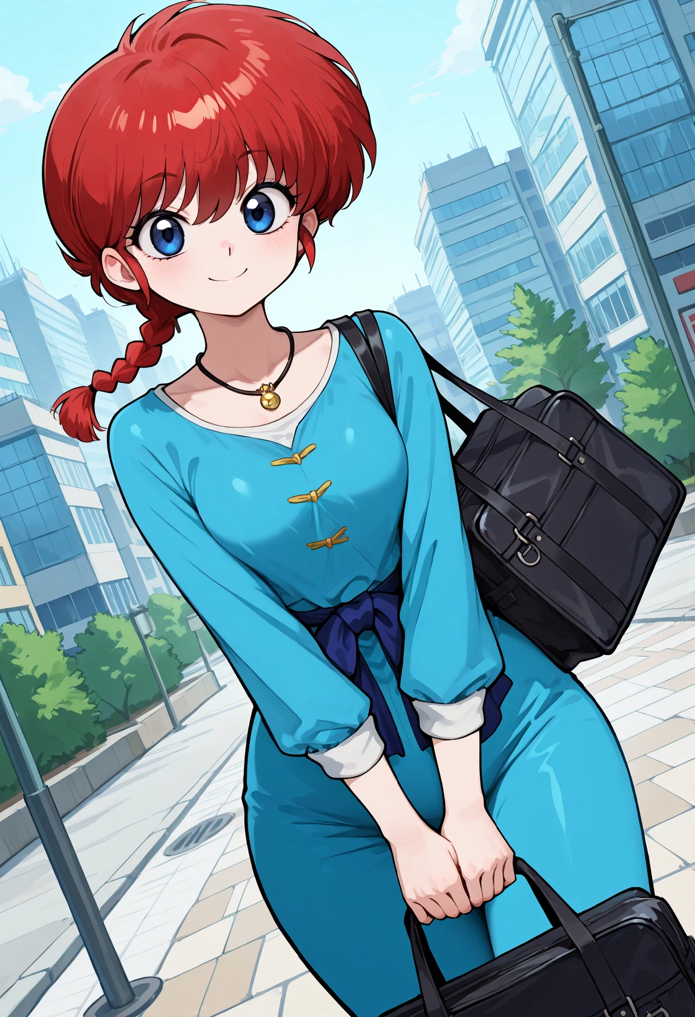 safe_pos, Ranma Saotome. red hair. pigtail. blue eyes. braid. small breasts. huge hips. necklace. black eyeliner. pink manicure. | general,highres, ultra-detailed,very aesthetic,best quality ,best hands,best eyes,easynegative, dynamic anglre, dutch angle, anime cloring,anime screencap, looking at viewer,smile,city,holding school bag,
