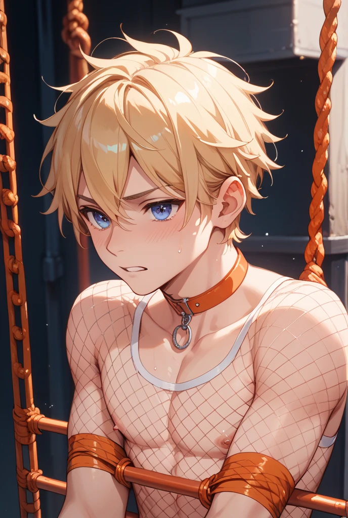 1 young person,alone,16 years old,male,Shocked facial expression,blush,good looking,Blonde,Green Eyes, Side view Open your mouth and scream suffer , A melancholic look Exposure to electricity Upper body naked Raised to be sexy I see your chained sides Wounded get attacked detaiils Hair tied on top of head Black pants Kneeling