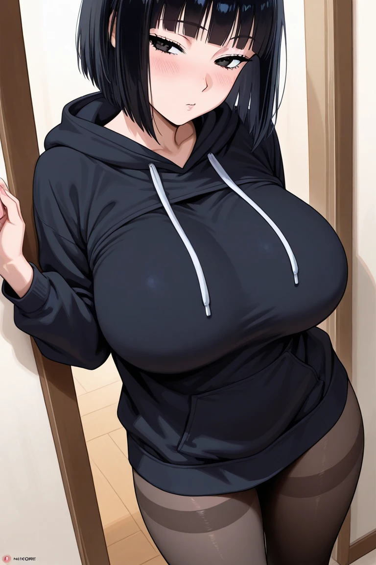 Cute, Sexy,chubby cheek,sexy,realistic skin,realistic breast,huge saggy breast, nipple out,muted colours, cold lighting, pale white skin, mature women,black hair, long hair, (hair over one eye:1.4), Messy hair,hair between eyes ,low pony tail,sleepy eyes ,pucker lips,smeared lipstick,pubic hair pussy,dense pubic hair, cute shy blush on