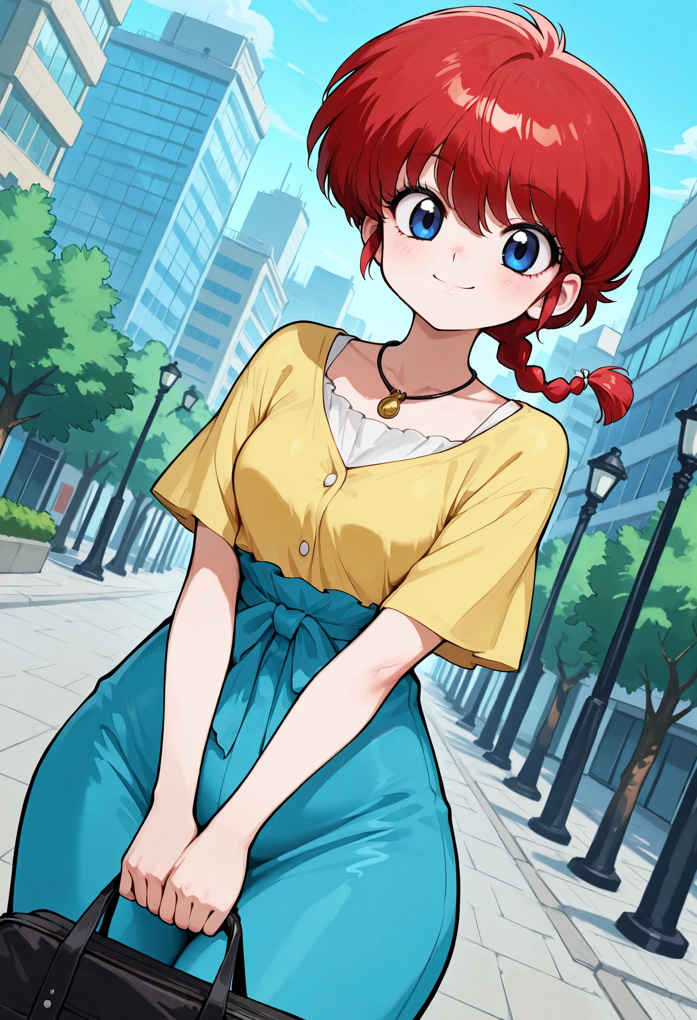 safe_pos, Ranma Saotome. red hair. pigtail. blue eyes. braid. small breasts. huge hips. necklace. black eyeliner. pink manicure. | general,highres, ultra-detailed,very aesthetic,best quality ,best hands,best eyes,easynegative, dynamic anglre, dutch angle, anime cloring,anime screencap, looking at viewer,smile,city,holding school bag,